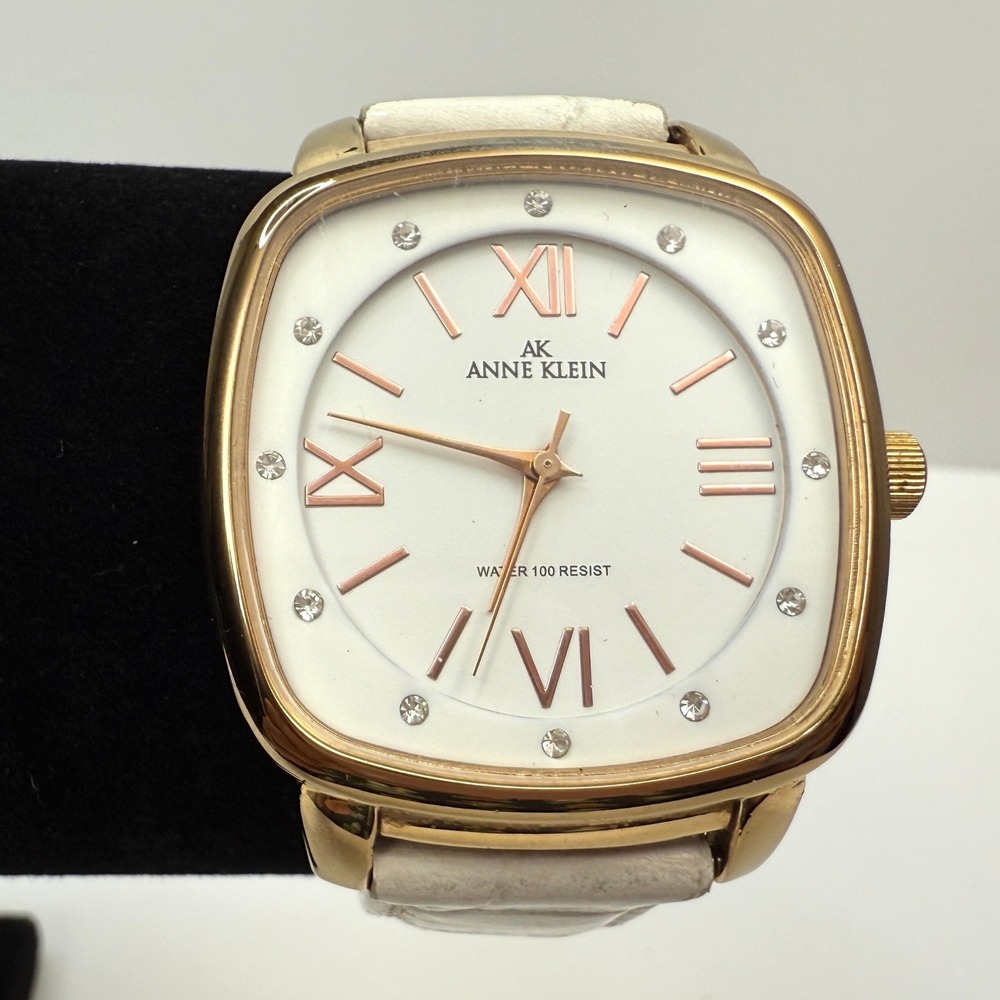 Anne Klein Quartz Watch Gold Tone White Dial Faux Croc Band Rhinestone Accents